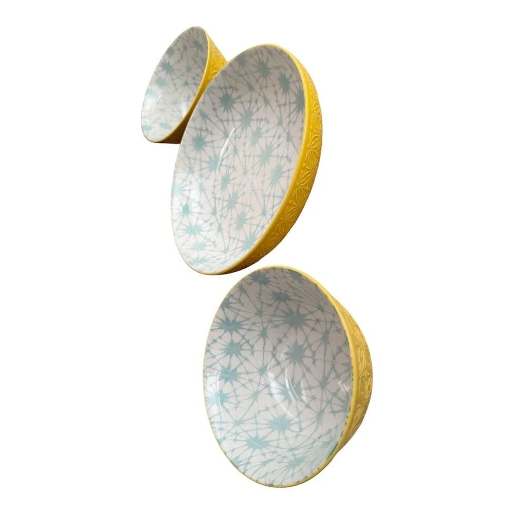 SIGNATURE Brand Embossed Yellow Teal Interior Design Ceramic Bowls (3 in Set)